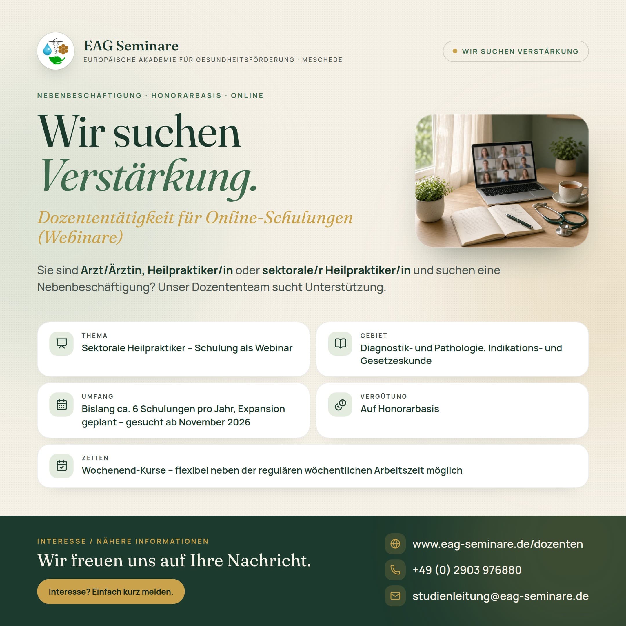 Flyer: Wir suchen Verstärkung – Dozententätigkeit für Online-Schulungen